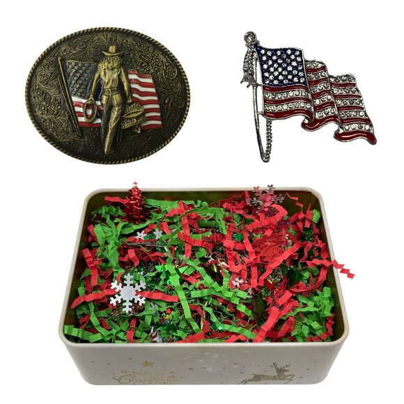 Cowgirl Belt Buckle and USA Flag Brooch Christmas Tin Set Western Buckles Rodeo - Picture 11 of 16